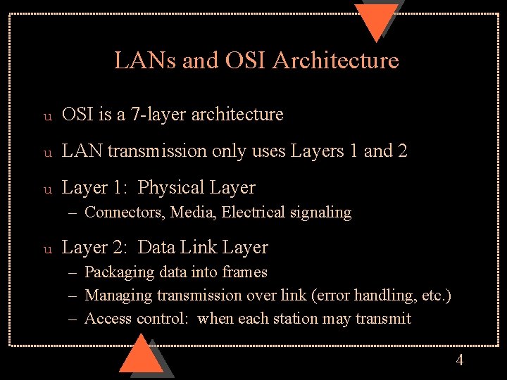 LANs and OSI Architecture u OSI is a 7 -layer architecture u LAN transmission