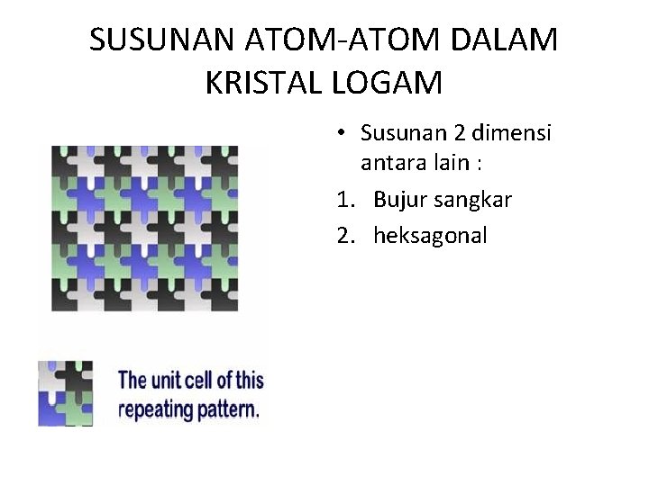 SUSUNAN ATOM-ATOM DALAM KRISTAL LOGAM • Susunan 2 dimensi antara lain : 1. Bujur