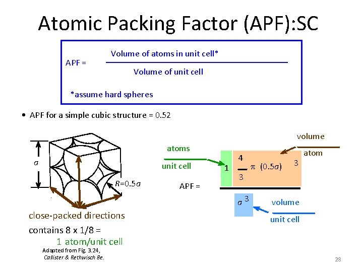 Atomic Packing Factor (APF): SC APF = Volume of atoms in unit cell* Volume