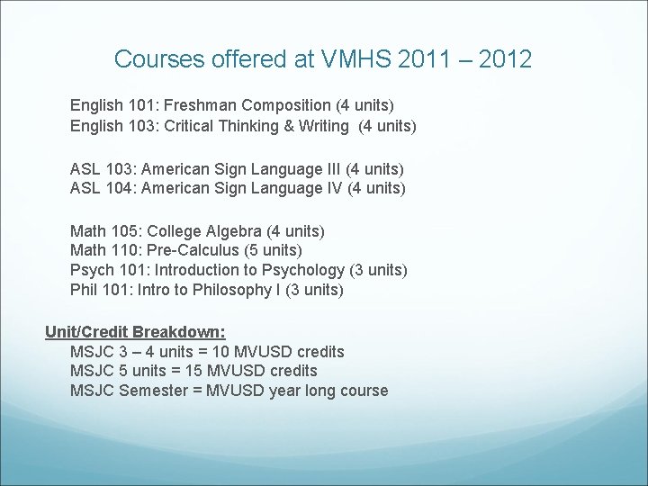 Courses offered at VMHS 2011 – 2012 English 101: Freshman Composition (4 units) English