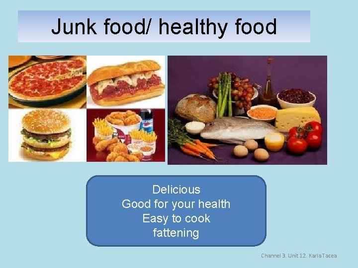 Junk food/ healthy food Delicious Good for your health Easy to cook fattening Channel