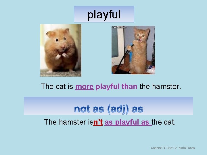 playful The cat is more playful than the hamster. The hamster isn’t as playful