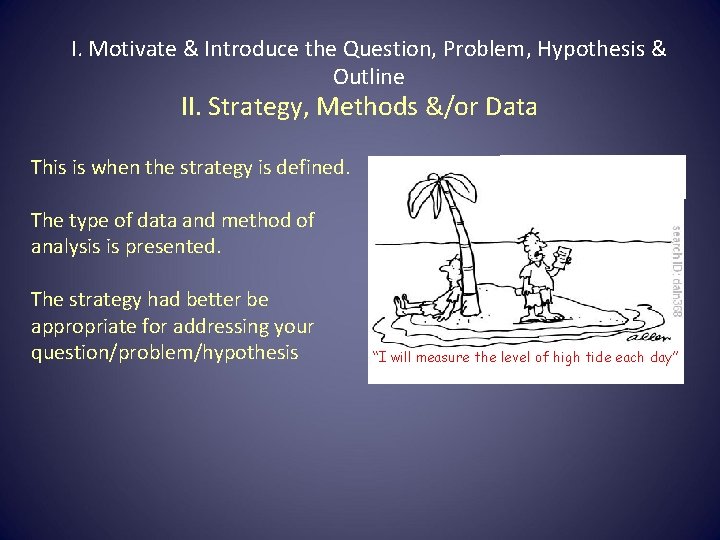 I. Motivate & Introduce the Question, Problem, Hypothesis & Outline II. Strategy, Methods &/or