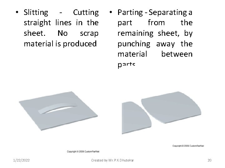  • Slitting - Cutting straight lines in the sheet. No scrap material is