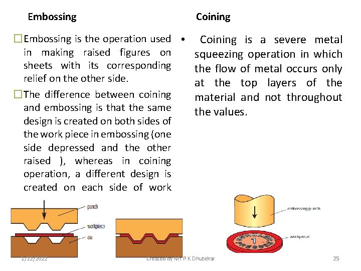 Embossing Coining �Embossing is the operation used • Coining is a severe metal in