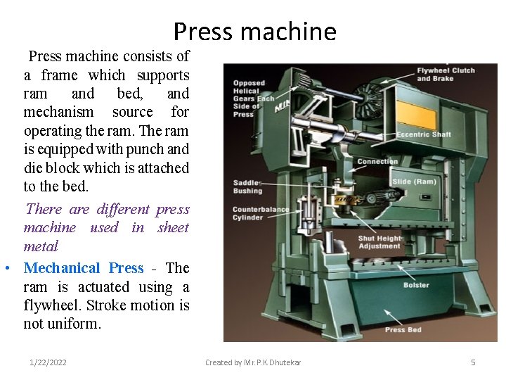 Press machine consists of a frame which supports ram and bed, and mechanism source