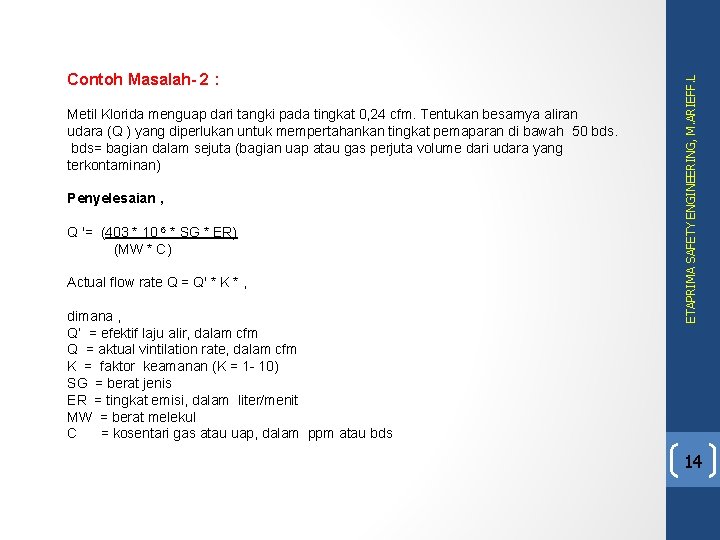 Metil Klorida menguap dari tangki pada tingkat 0, 24 cfm. Tentukan besarnya aliran udara