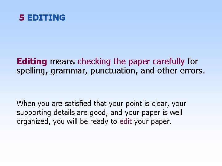 5 EDITING Editing means checking the paper carefully for spelling, grammar, punctuation, and other