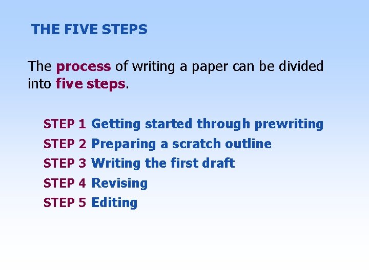 THE FIVE STEPS The process of writing a paper can be divided into five