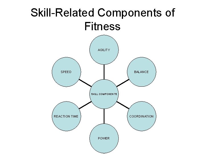 Skill-Related Components of Fitness AGILITY BALANCE SPEED SKILL COMPONENTS COORDINATION REACTION TIME POWER 