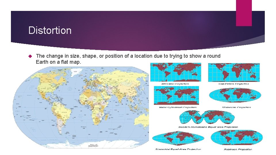 Distortion The change in size, shape, or position of a location due to trying