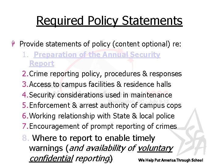 Required Policy Statements H Provide statements of policy (content optional) re: 1. Preparation of