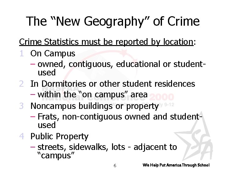 The “New Geography” of Crime Statistics must be reported by location: 1 On Campus
