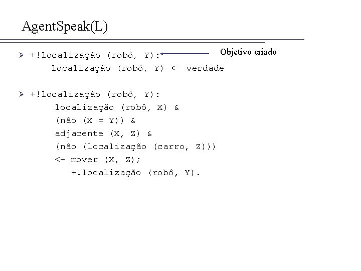 Agent. Speak(L) Ø Ø Objetivo criado +!localização (robô, Y): localização (robô, Y) <- verdade