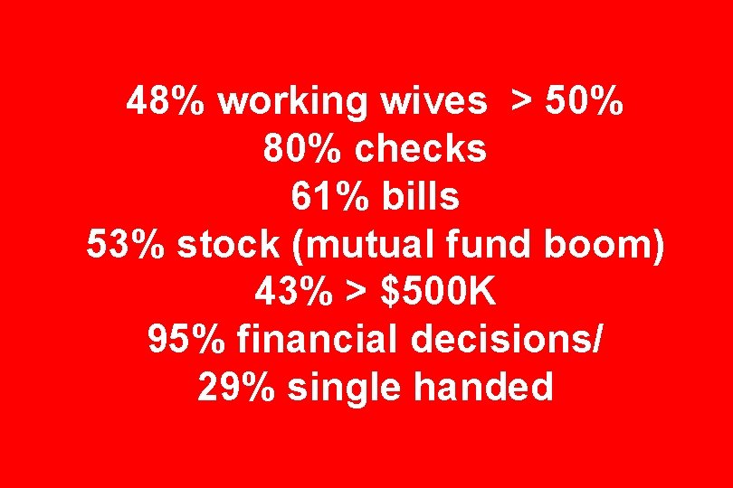 48% working wives > 50% 80% checks 61% bills 53% stock (mutual fund boom)