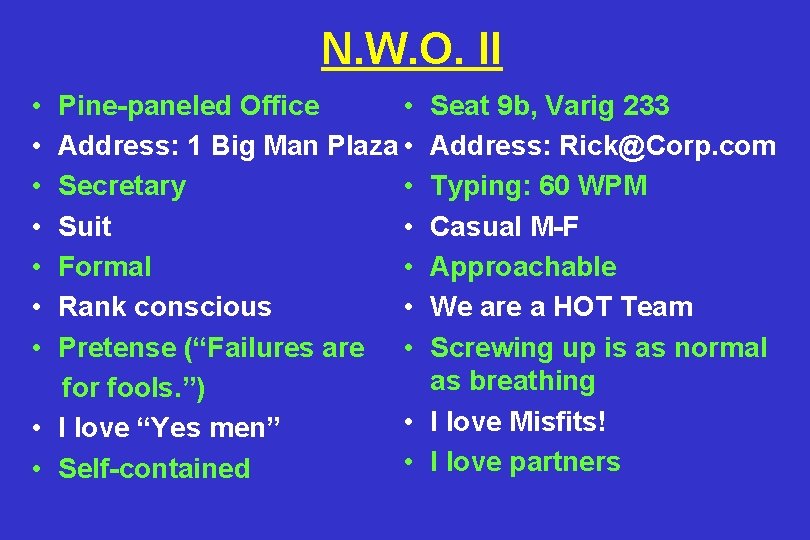 N. W. O. II • • Pine-paneled Office • Address: 1 Big Man Plaza