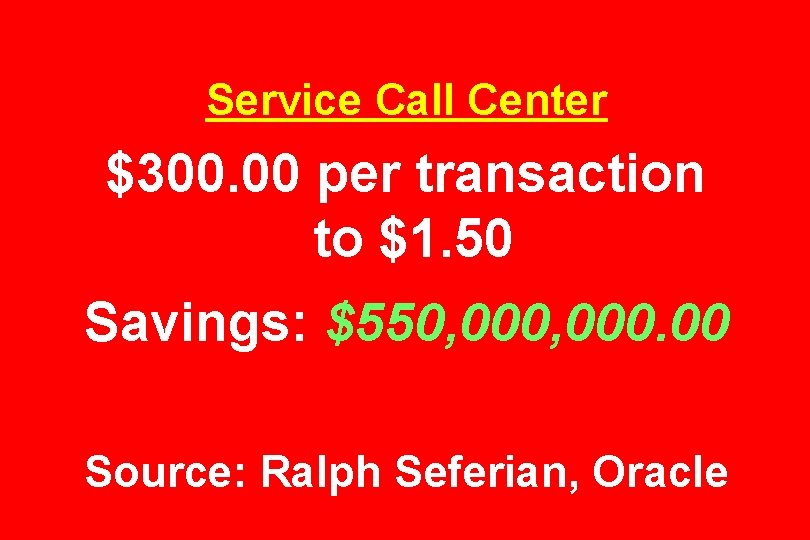 Service Call Center $300. 00 per transaction to $1. 50 Savings: $550, 000. 00