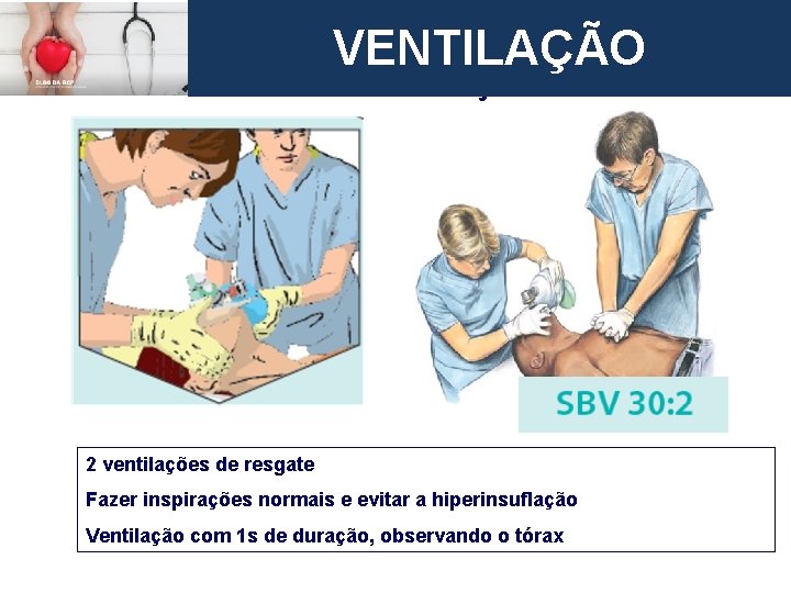 VENTILAÇÃO European Resuscitation Council RESPIRAÇÃO 2 ventilações de resgate Fazer inspirações normais e evitar