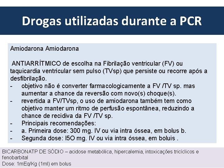Drogas utilizadas durante a PCR European Resuscitation Council Amiodarona ANTIARRÍTMICO de escolha na Fibrilação