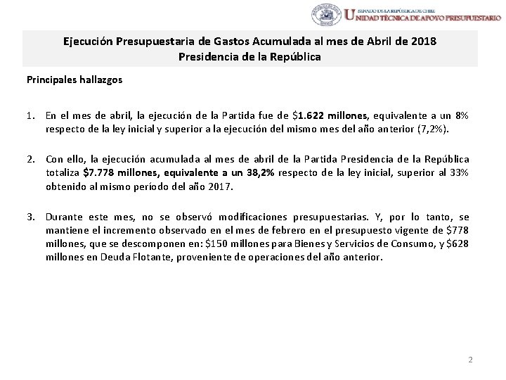 Ejecución Presupuestaria de Gastos Acumulada al mes de Abril de 2018 Presidencia de la