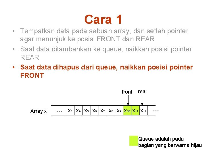 Cara 1 • Tempatkan data pada sebuah array, dan setlah pointer agar menunjuk ke