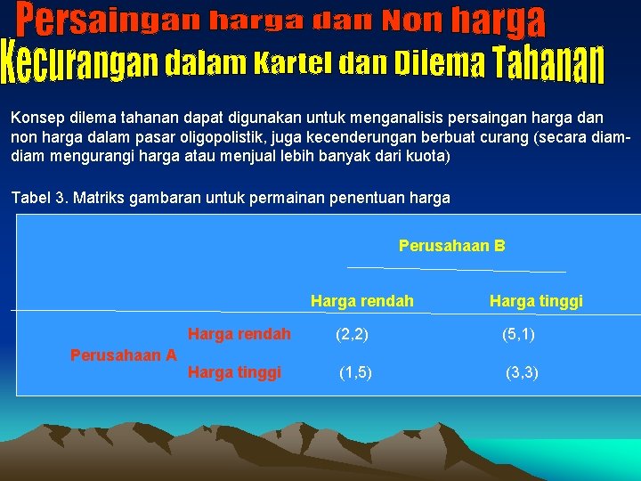 Konsep dilema tahanan dapat digunakan untuk menganalisis persaingan harga dan non harga dalam pasar