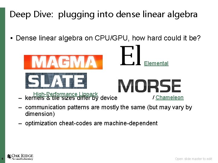 Deep Dive: plugging into dense linear algebra • Dense linear algebra on CPU/GPU, how