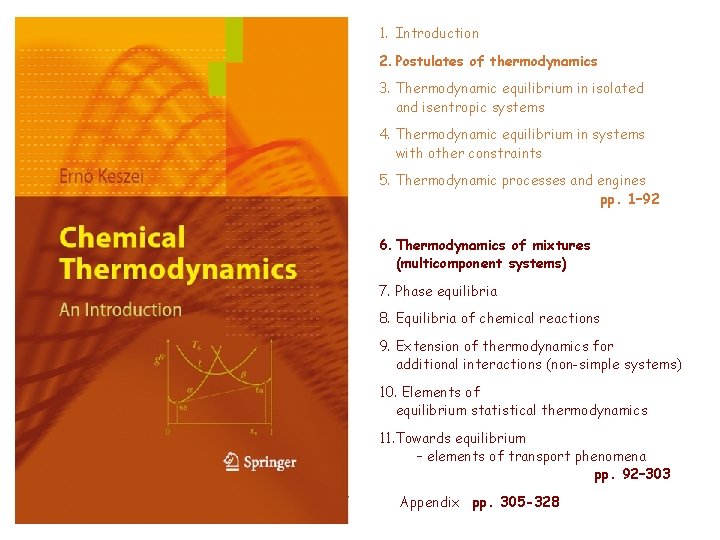 1. Introduction 2. Postulates of thermodynamics 3. Thermodynamic equilibrium in isolated and isentropic systems