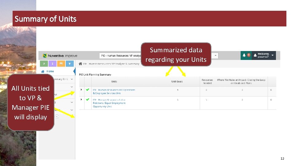 Summary of Units Summarized data regarding your Units All Units tied to VP &