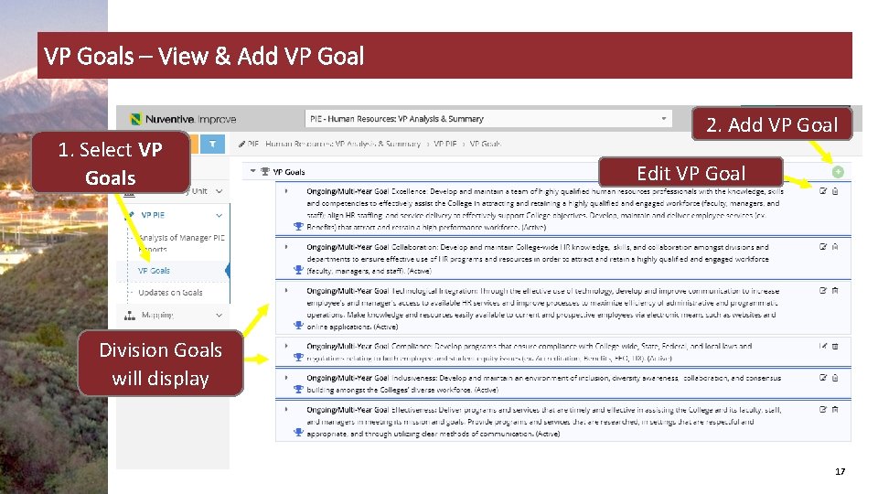 VP Goals – View & Add VP Goal 1. Select VP Goals 2. Add