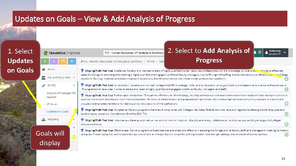 Updates on Goals – View & Add Analysis of Progress 2. Select to Add