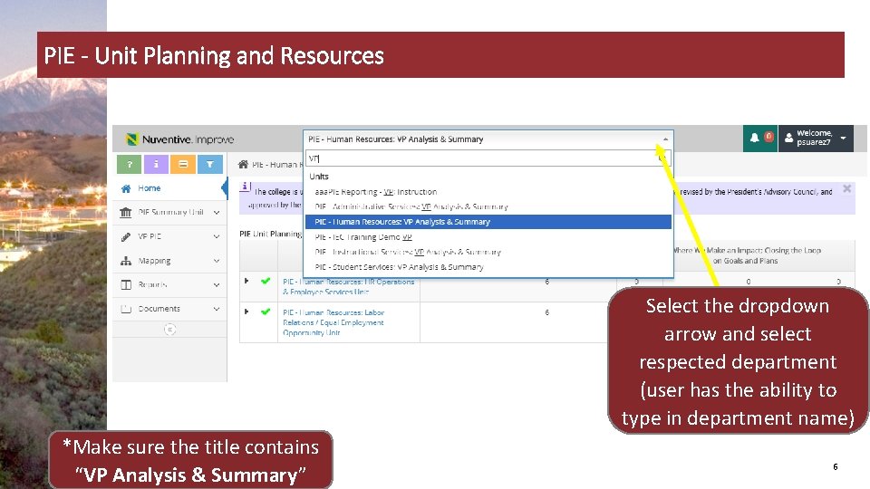 PIE - Unit Planning and Resources Select the dropdown arrow and select respected department