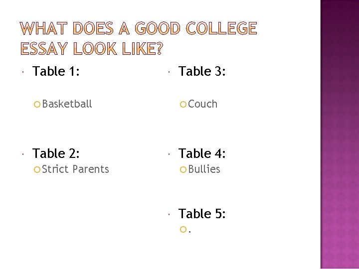 Table 1: Basketball Table 2: Strict Table 3: Couch Parents Table 4: Bullies Table 1: Basketball Table 2: Strict Table 3: Couch Parents Table 4: Bullies