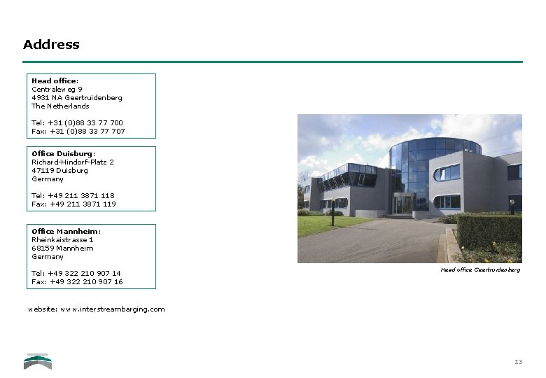 Address Head office: Centraleweg 9 4931 NA Geertruidenberg The Netherlands Tel: +31 (0)88 33