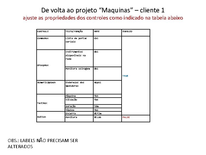 De volta ao projeto “Maquinas” – cliente 1 ajuste as propriedades dos controles como