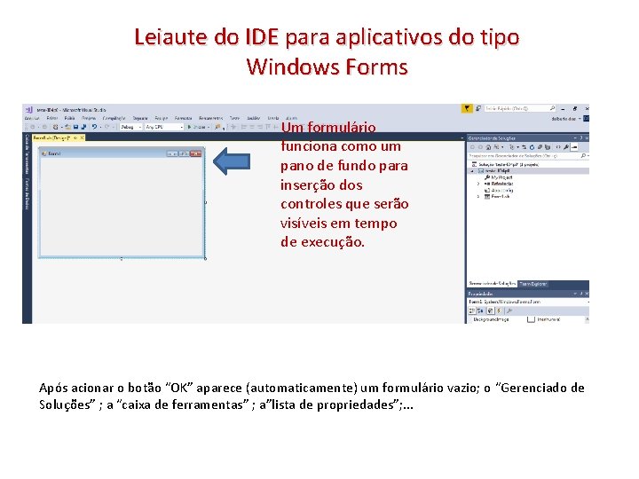 Leiaute do IDE para aplicativos do tipo Windows Forms Um formulário funciona como um
