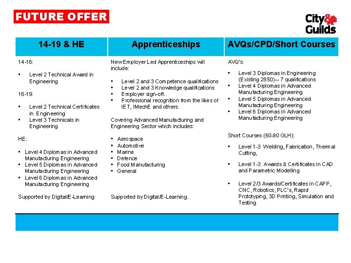 FUTURE OFFER 14 -19 & HE 14 -16: • Level 2 Technical Award in