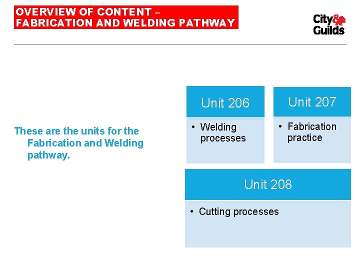OVERVIEW OF CONTENT – FABRICATION AND WELDING PATHWAY Unit 207 Unit 206 These are