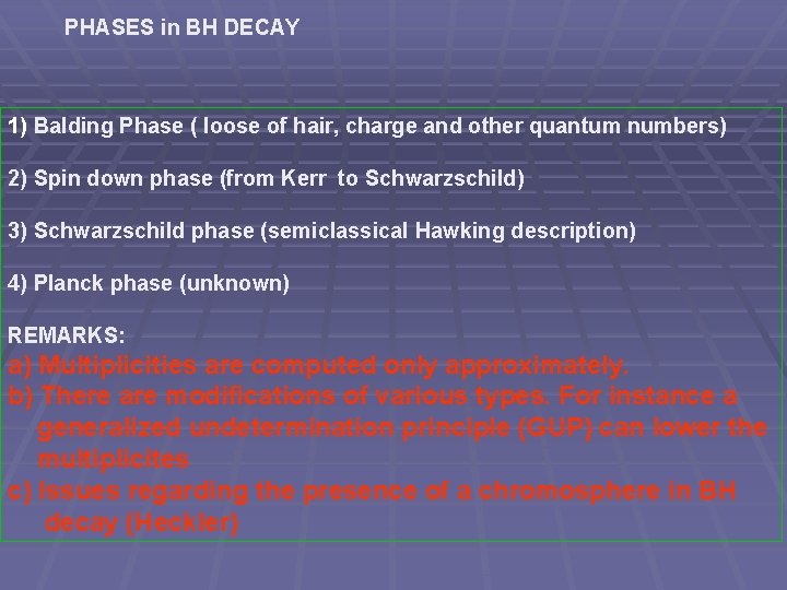 PHASES in BH DECAY 1) Balding Phase ( loose of hair, charge and other