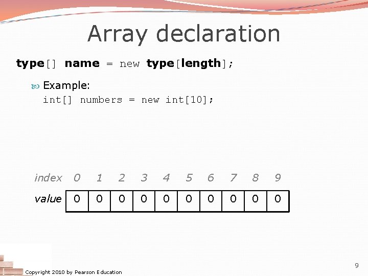 Array declaration type[] name = new type[length]; Example: int[] numbers = new int[10]; index