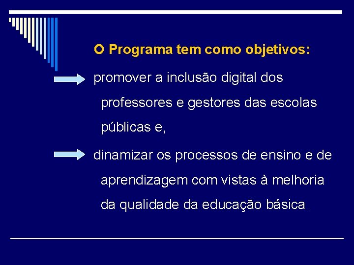 O Programa tem como objetivos: promover a inclusão digital dos professores e gestores das