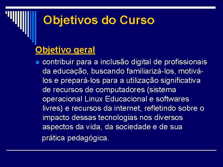 Objetivos do Curso Objetivo geral n contribuir para a inclusão digital de profissionais da