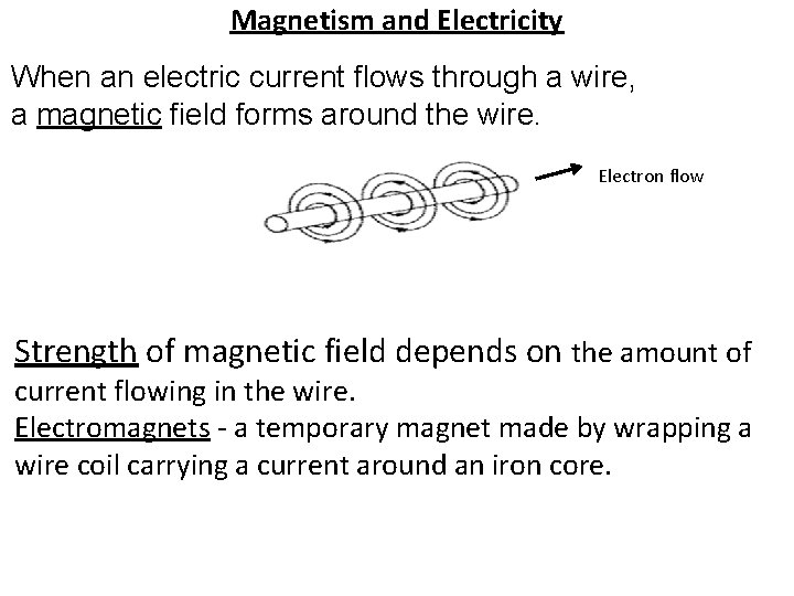 Magnetism and Electricity When an electric current flows through a wire, a magnetic field