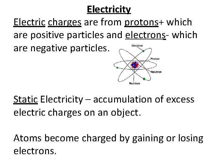 Electricity Electric charges are from protons+ which are positive particles and electrons- which are