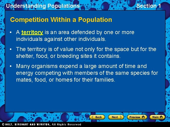 Understanding Populations Section 1 Competition Within a Population • A territory is an area