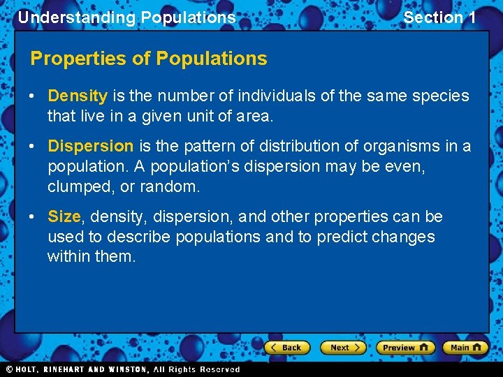 Understanding Populations Section 1 Properties of Populations • Density is the number of individuals