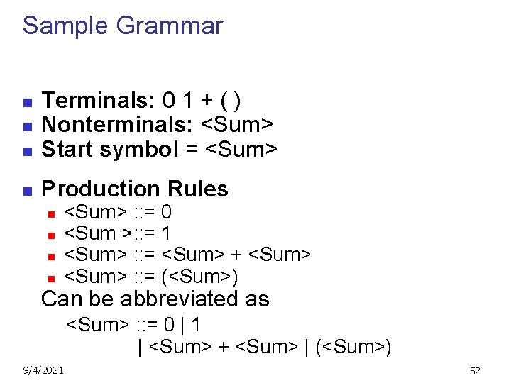 Sample Grammar n Terminals: 0 1 + ( ) Nonterminals: <Sum> Start symbol =