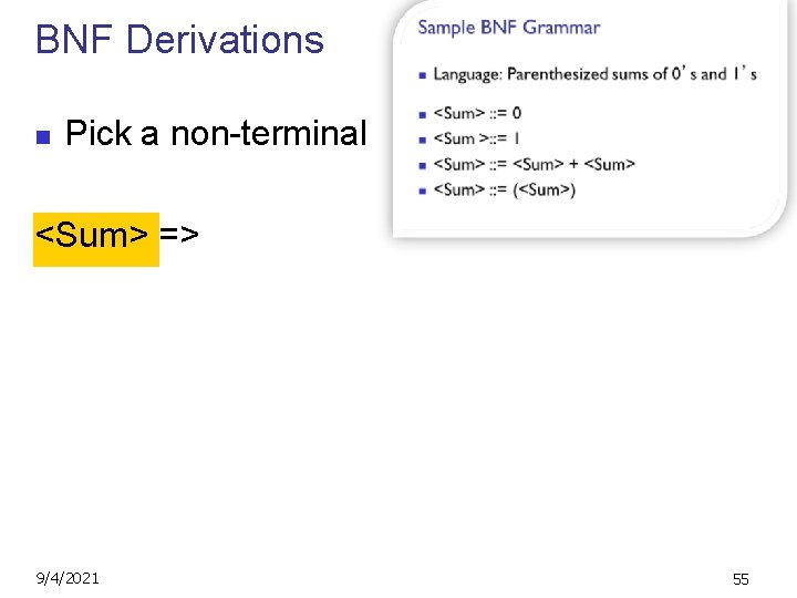 BNF Derivations n Pick a non-terminal <Sum> => 9/4/2021 55 