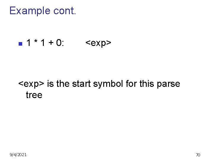 Example cont. n 1 * 1 + 0: <exp> is the start symbol for