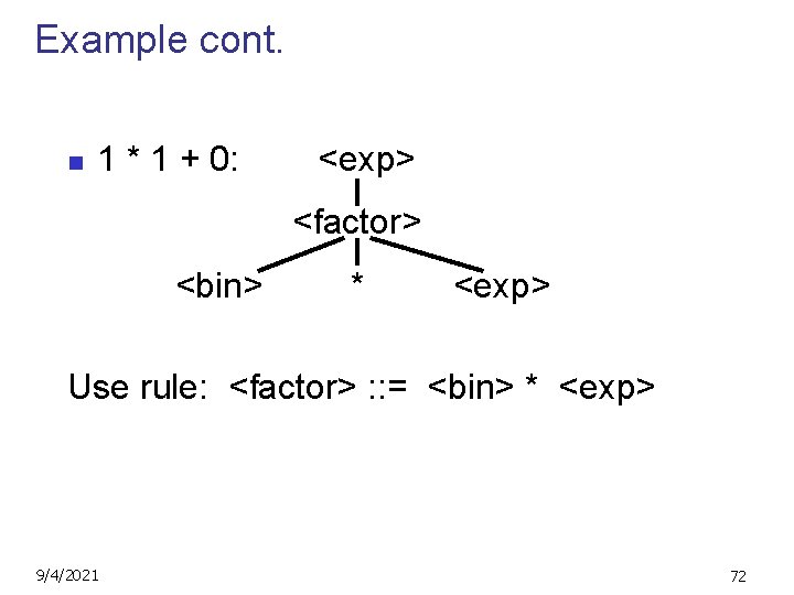 Example cont. n 1 * 1 + 0: <exp> <factor> <bin> * <exp> Use